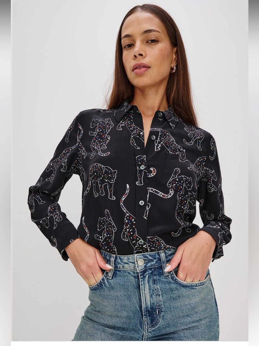 Rails | LS Button Down Shirt | 100% Silk | XS | Black Jaguar Print | New WO Tags